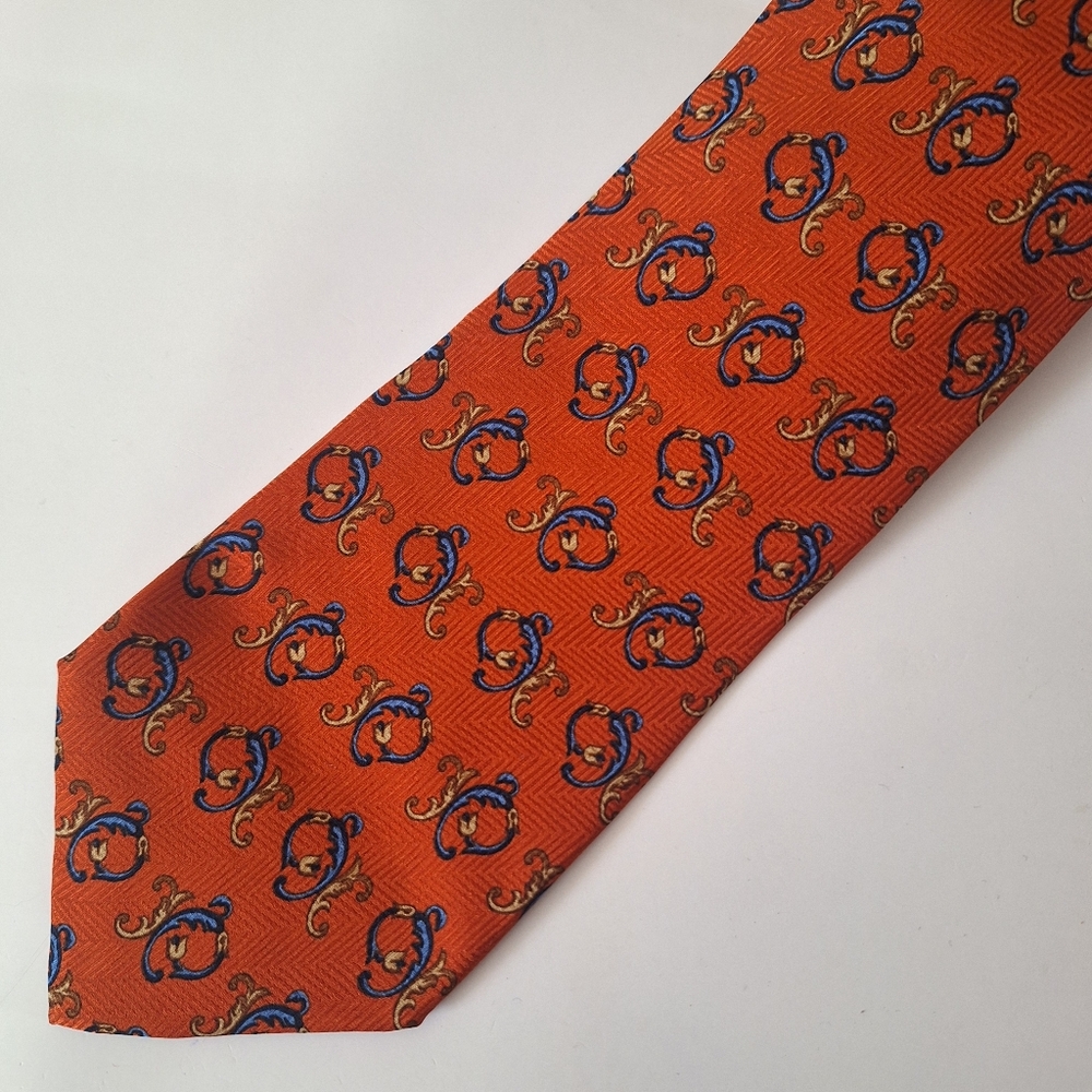 Balenciaga Vintage 1990s Orange Silk Tie Pour Homme Scroll Medallion Pattern